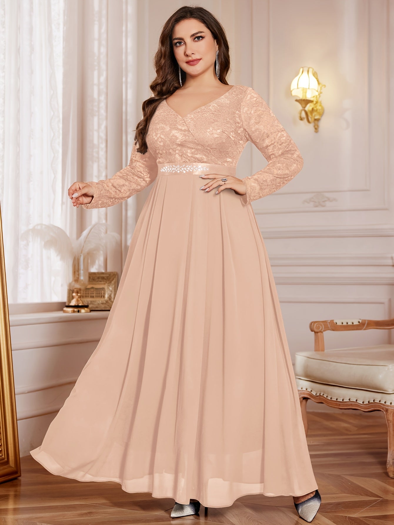 Plus Size Women’s Chiffon Long Dress V-Neck Flared Beaded Waist Party