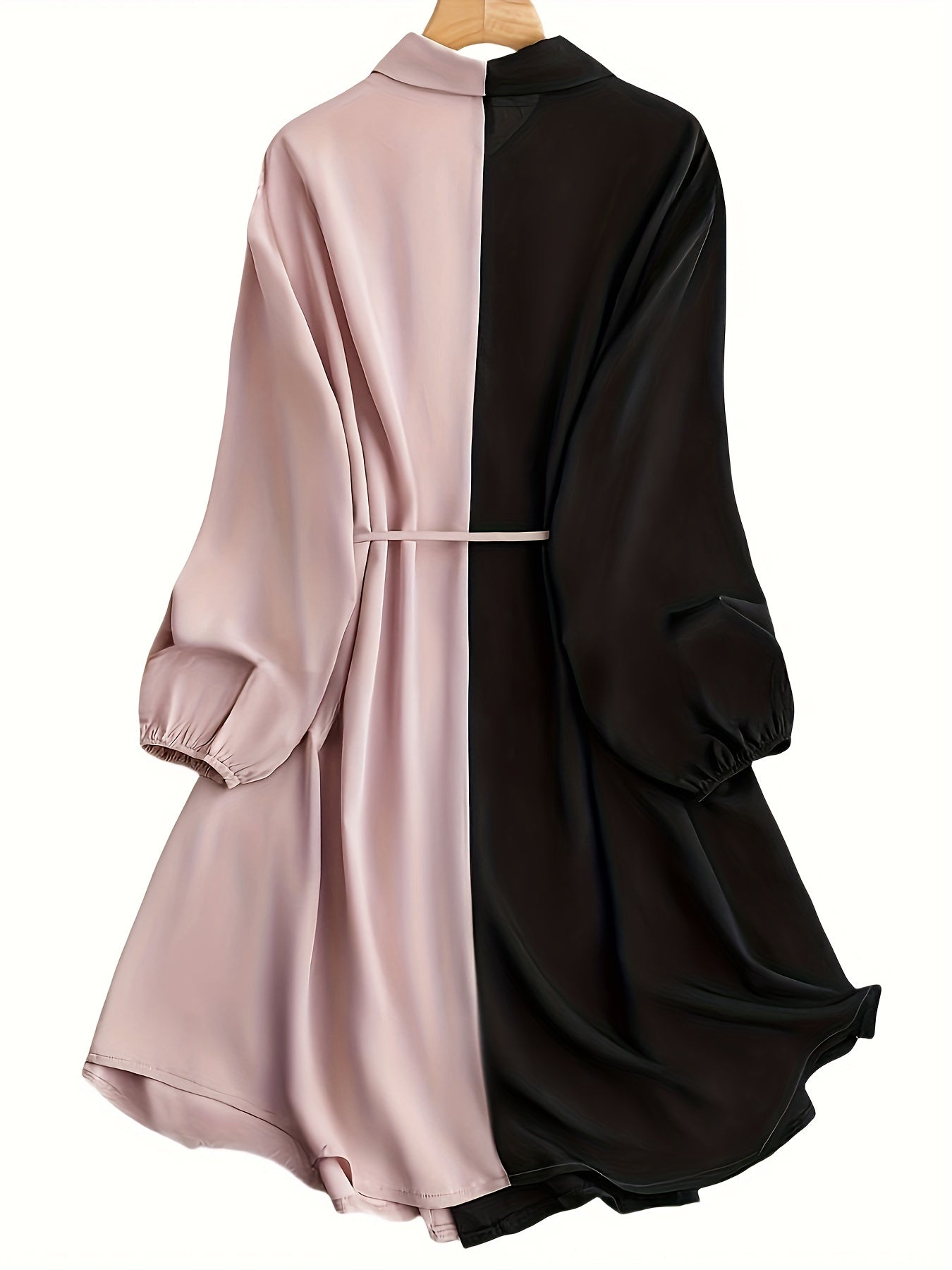 Women's Plus Size Color Block Shirt Dress with Drawstring Waist Long Sleeve Polyester
