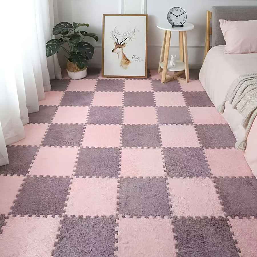 12 Pieces Creative Puzzle Carpet Set, Solid Color Square Bedside Rug, 29.97cm