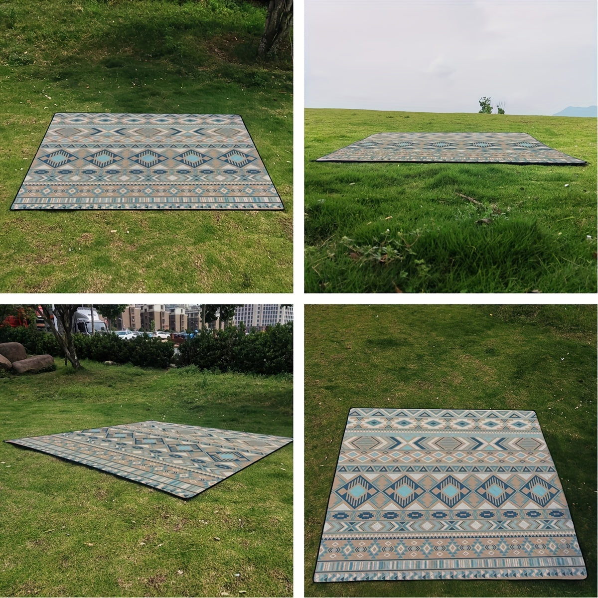 Waterproof Picnic Blanket 198cm Square Sand-Free Tear-Resistant Blue Geometric