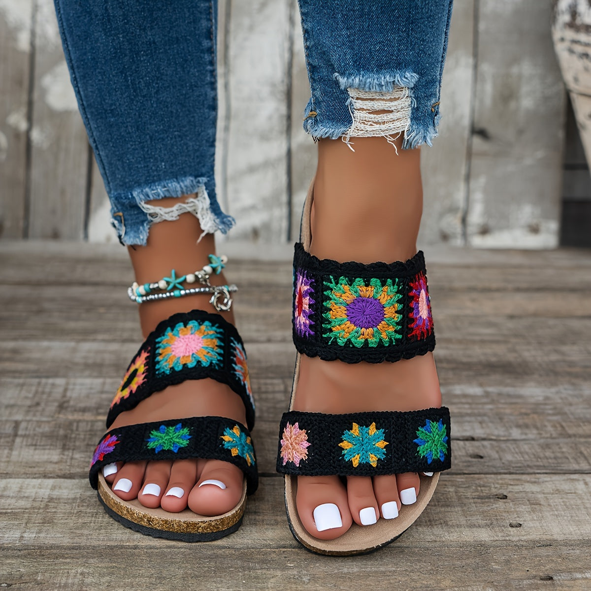 Women's Knitted Floral Flat Slippers Non-Slip Open-Toe Large Size Shoes