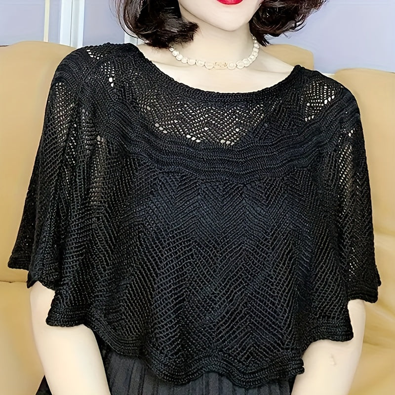 Women's Elegant Pullover Cape with Hollow Knitted Shawl, Loose Fit, Solid Color