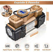 MESHUBA Ikki Silindrli Havo Kompressori: 12V 150 PSI, Avtomatik O'chirish, Raqamli O'lchov va LED Chiroq. Avtomobillar, velosipedlar, SUVlar uchun og'ir yuk ko'taruvchi portativ shinalar inflatori, aksessuarlar uchun olib yurish sumkasi bilan birga.