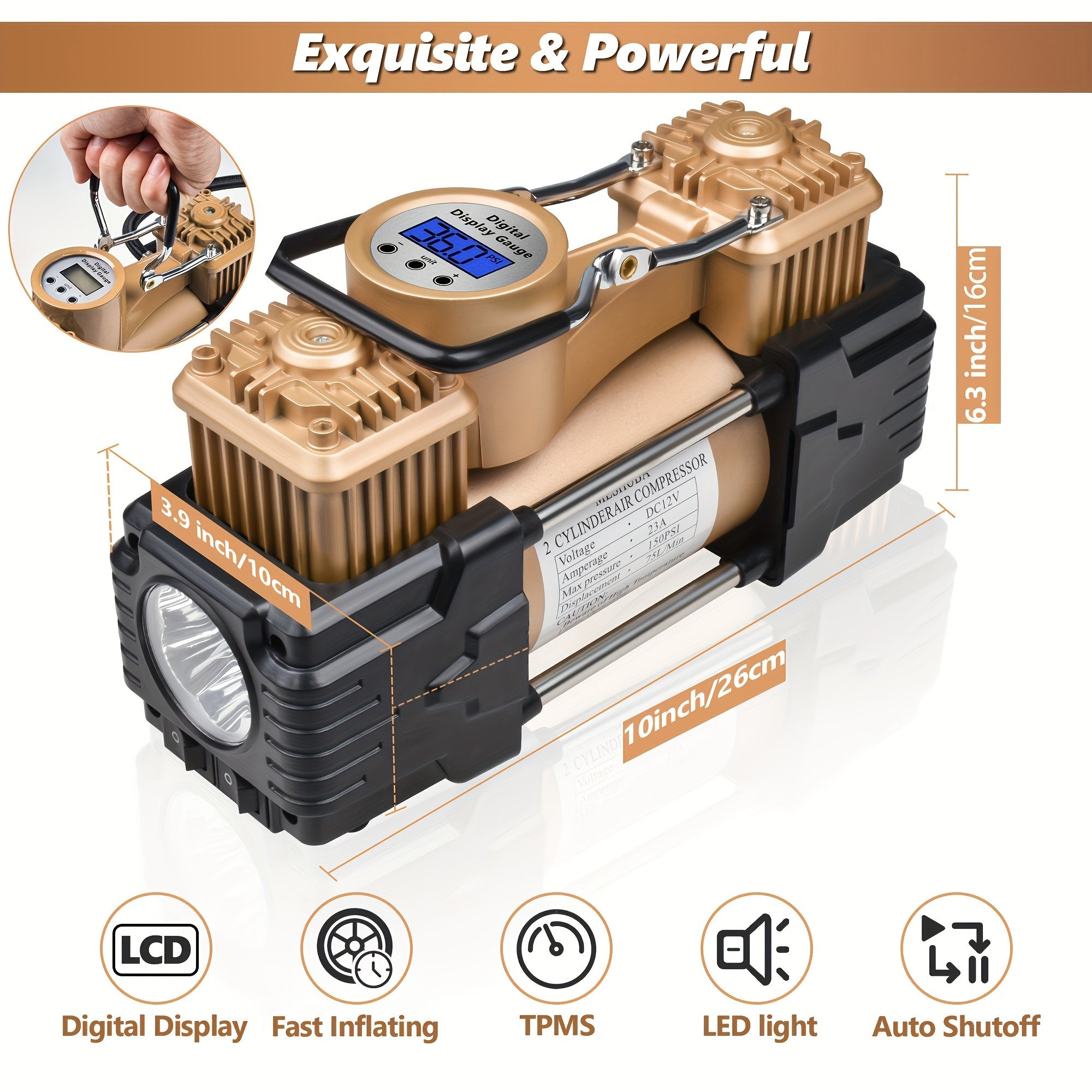 MESHUBA Ikki Silindrli Havo Kompressori: 12V 150 PSI, Avtomatik O'chirish, Raqamli O'lchov va LED Chiroq. Avtomobillar, velosipedlar, SUVlar uchun og'ir yuk ko'taruvchi portativ shinalar inflatori, aksessuarlar uchun olib yurish sumkasi bilan birga.
