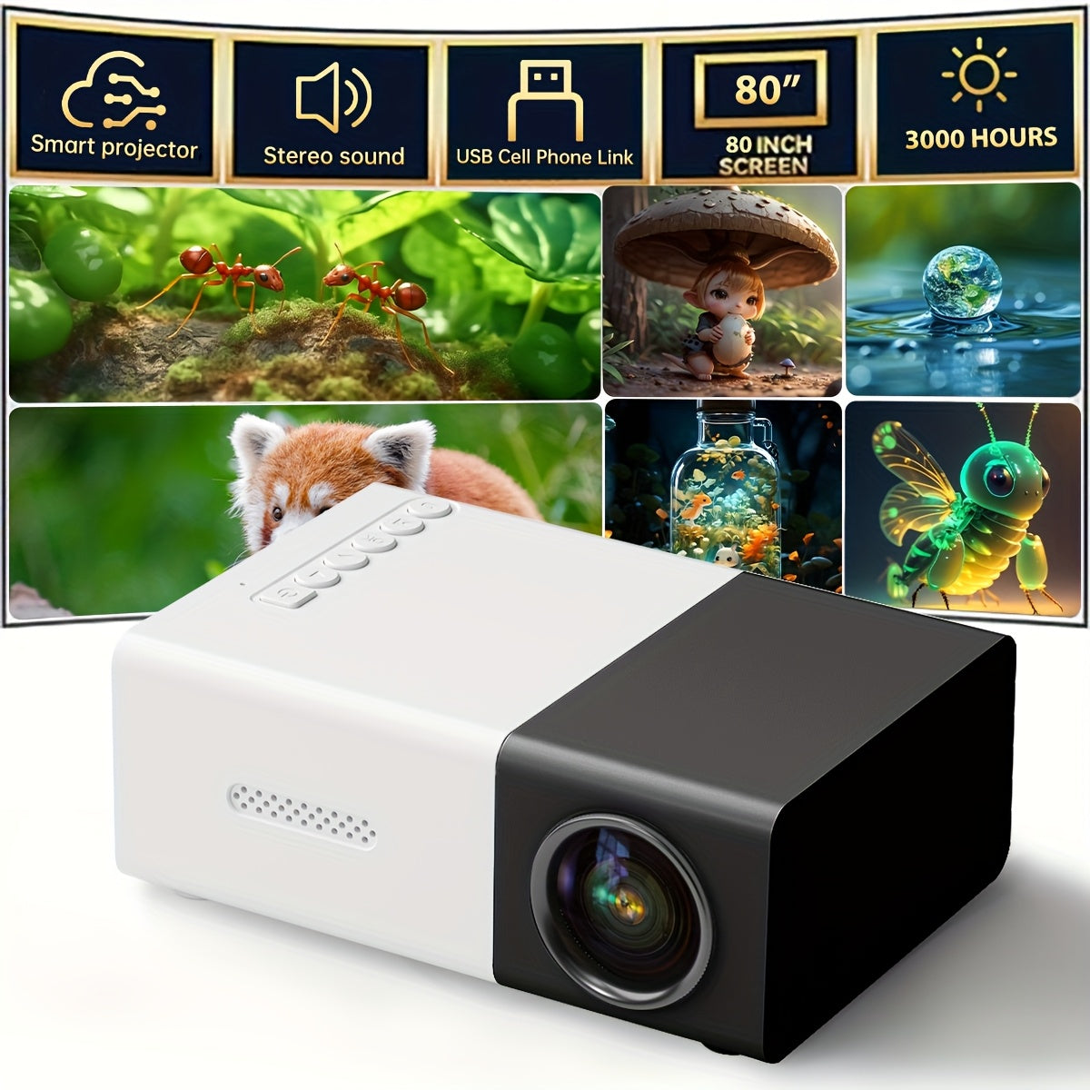 Proyector de video LED blanco y negro con control remoto y altavoz incorporado