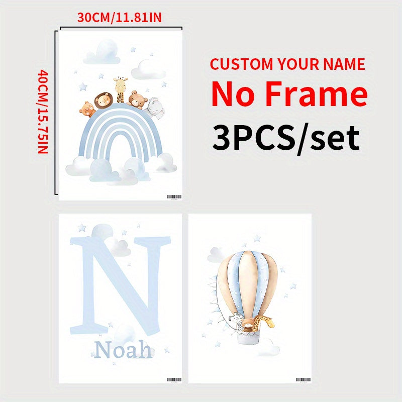 3-Piece Initial Wall Art Set with Hot Air Balloon and Rainbow Canvas Prints for Nursery Kids Room Bedroom