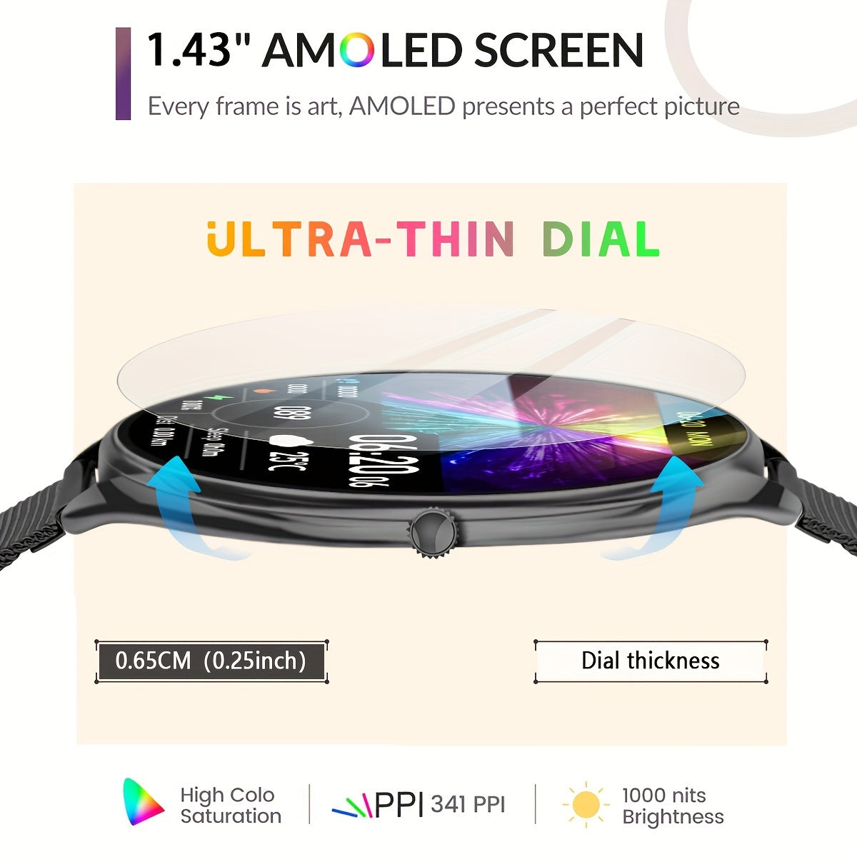 Smartwatch for Men and Women 1.43-Inch AMOLED Display Bluetooth 5.0 Fitness Tracker
