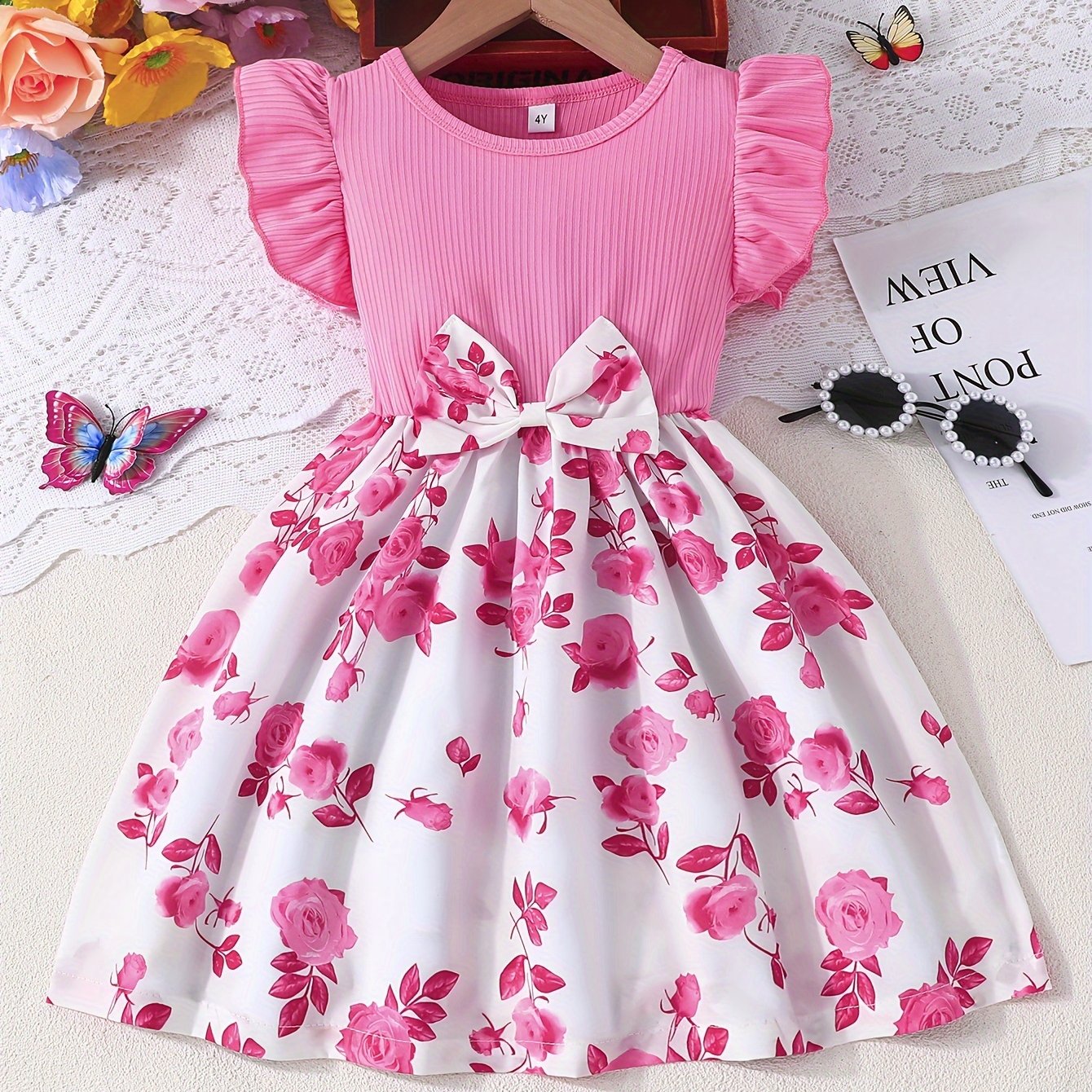 Girls Rose Print Dress with Ruffle Sleeves and Bow Waist for Casual and Outdoor Wear