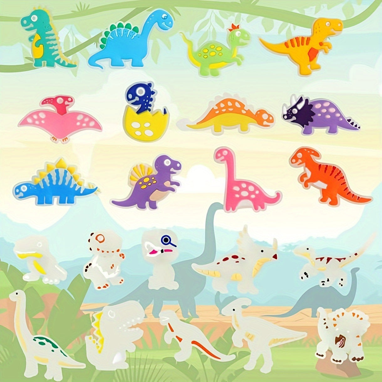 Kids Glow-in-the-Dark Dinosaur Shoe Charms Plastic Colorful Designs Pack of 9