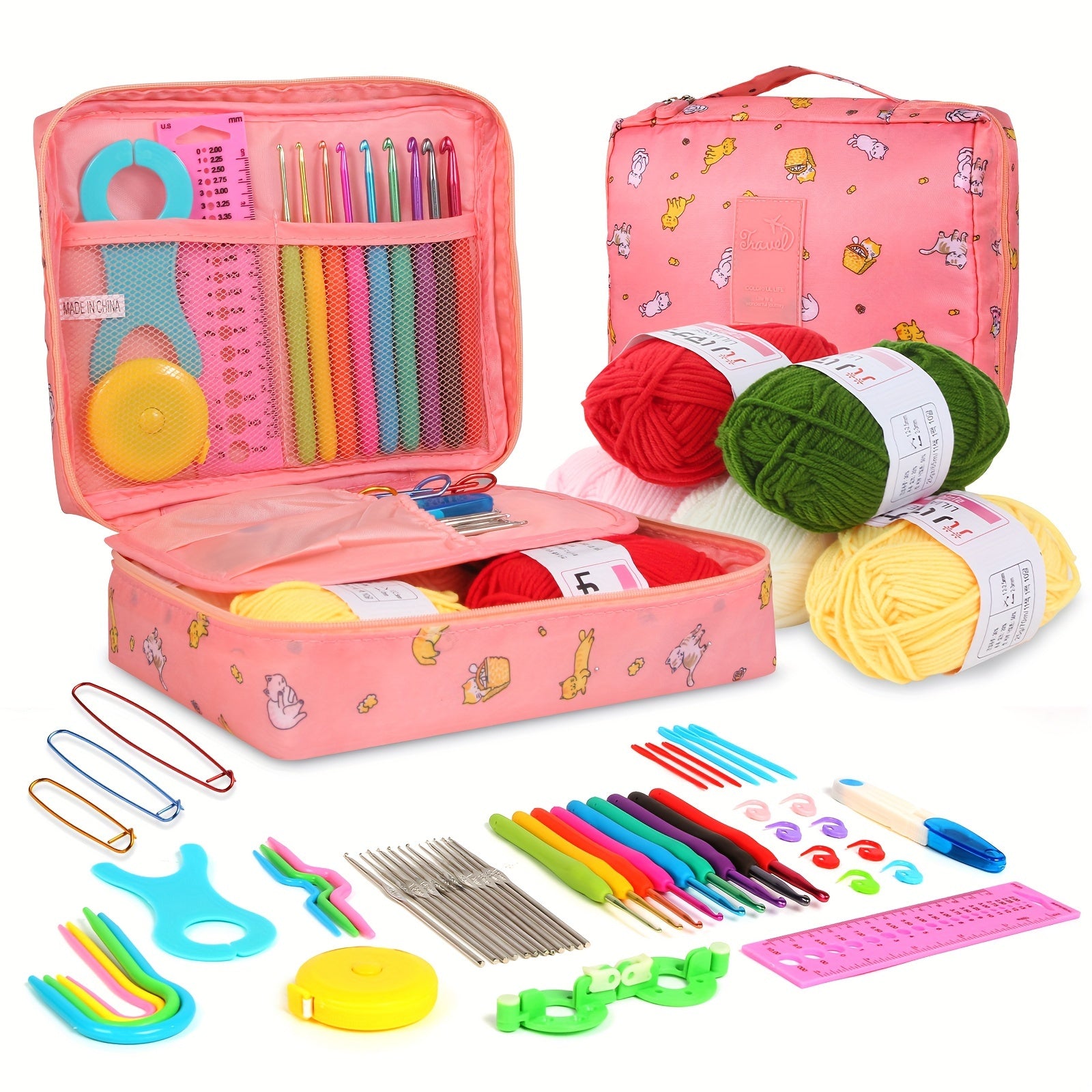 59-Piece Crochet Kit for Beginners with Metal Hooks Yarn Balls Needles and Case