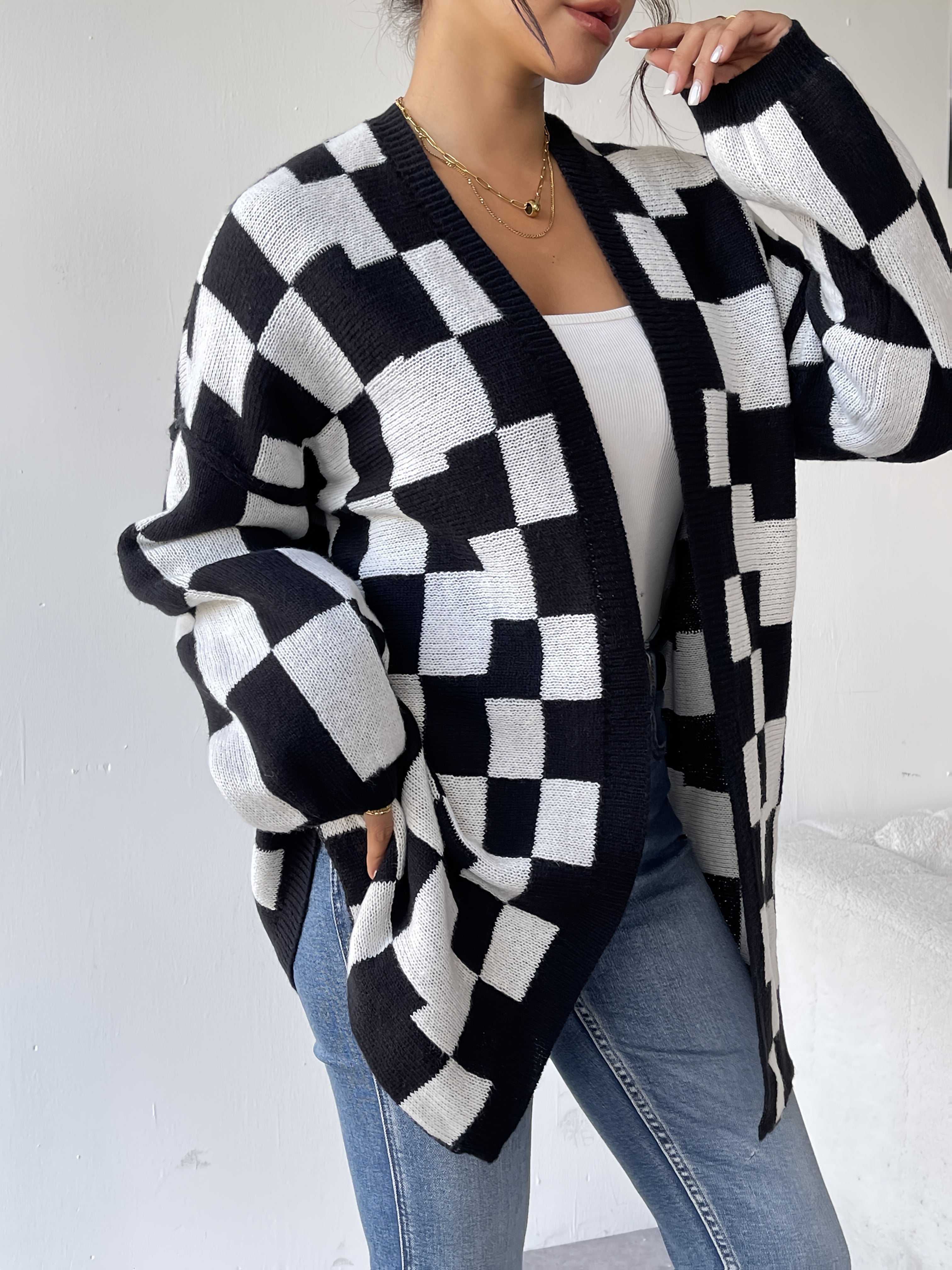 Women's Plus Size Black and White Checkered Open Front Cardigan Sweater