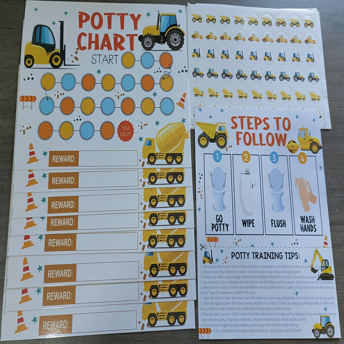 Potty Training Chart for Kids with Stickers and Step-by-Step Instructions, Construction Truck Design