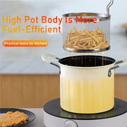 Ko‘p maqsadli qovurish uchun zanglamaydigan po‘latdan yasalgan filtrli yuqori samarali chuqur qovurish moslamasi, elektr va gaz plitalari uchun ideal. Frantsuz kartoshkasi, tovuq va sho‘rvalar uchun ajoyib. Mustahkam konstruktsiya.