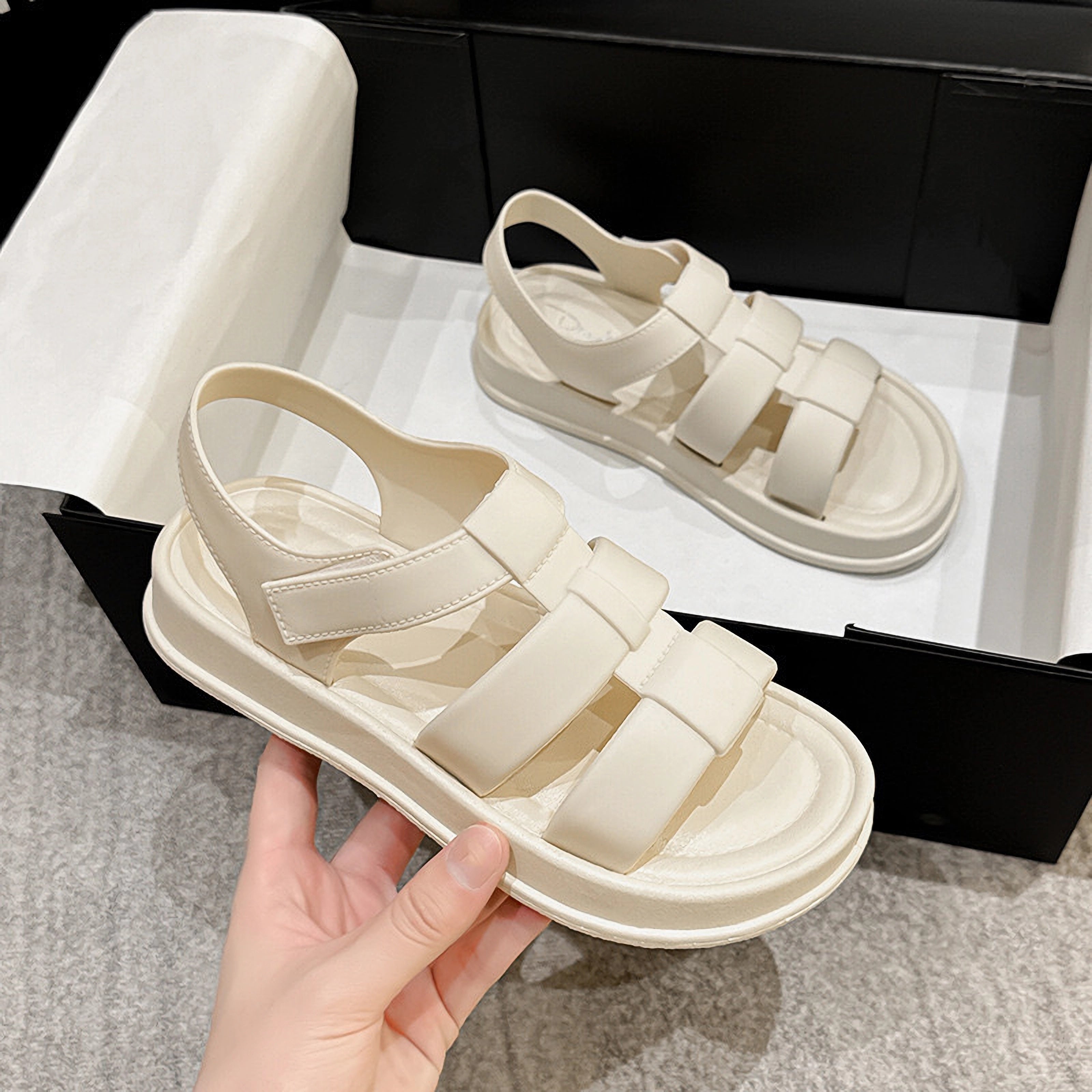 Women's Summer PVC Sandals Open Toe Flat Heel Casual with Hook-and-Loop Closure