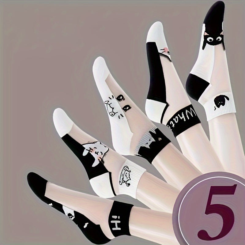 Women’s Cat Pattern Ankle Socks 5 Pairs Breathable Polyester Spandex Knit