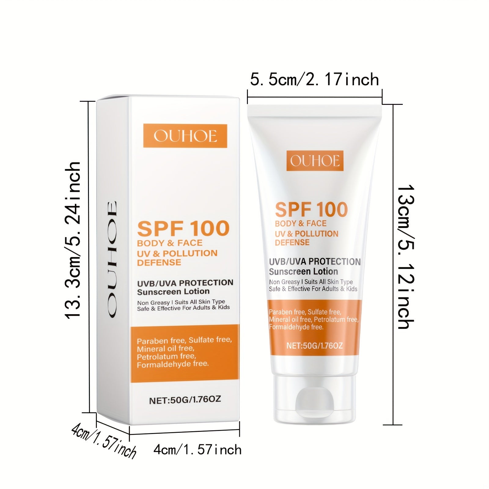 Loción de protector solar SPF 100 para unisex con vitamina E y ácido hialurónico, hidratante, de amplio espectro, no pegajosa, 50g