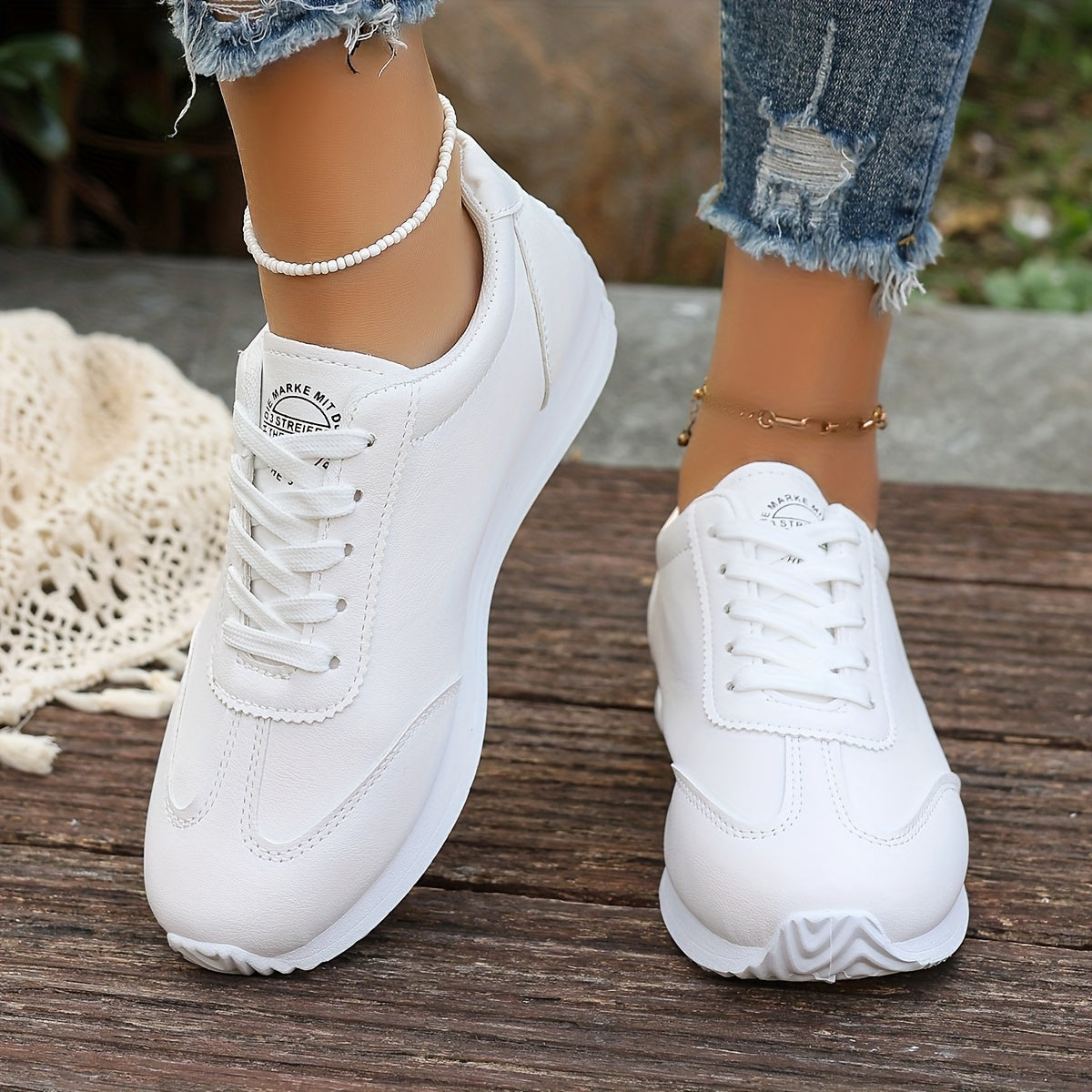 Women's White Synthetic Leather Casual Sneakers with Stability Support and Breathable Fabric Lining