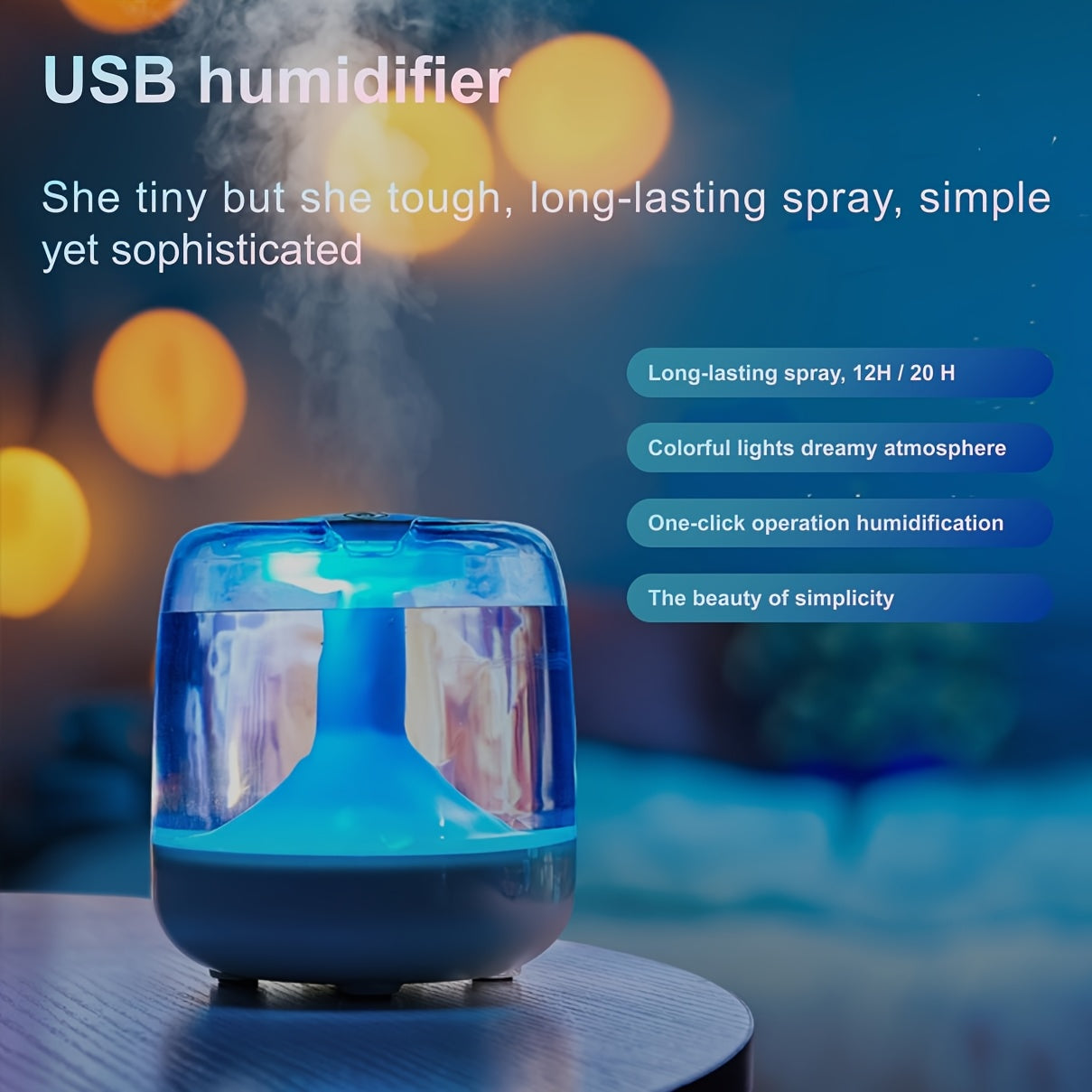 Transparent USB Humidifier with 7-Color Night Light, Silent Mist for Bedroom Office