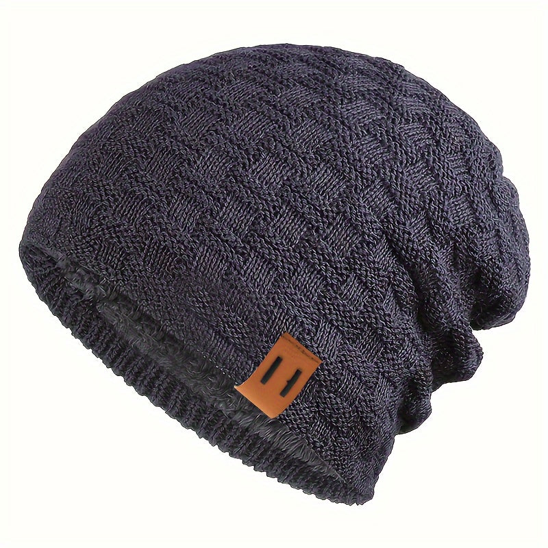 Men's Knit Beanie Winter Hat Faux Leather Patch Warm Windproof for Cycling Hiking