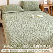 Yeldreams kosmik mavzudagi emboslangan taffeta yotoq to'plami 1 ta moslashtirilgan varaq va 2 ta yostiq qopqog'idan iborat bo'lib, 100% polyesterdan tayyorlangan. Bu barcha mavsumlar uchun iliqlik, yumshoq, teriga do'st, rang o'zgarishiga chidamli va