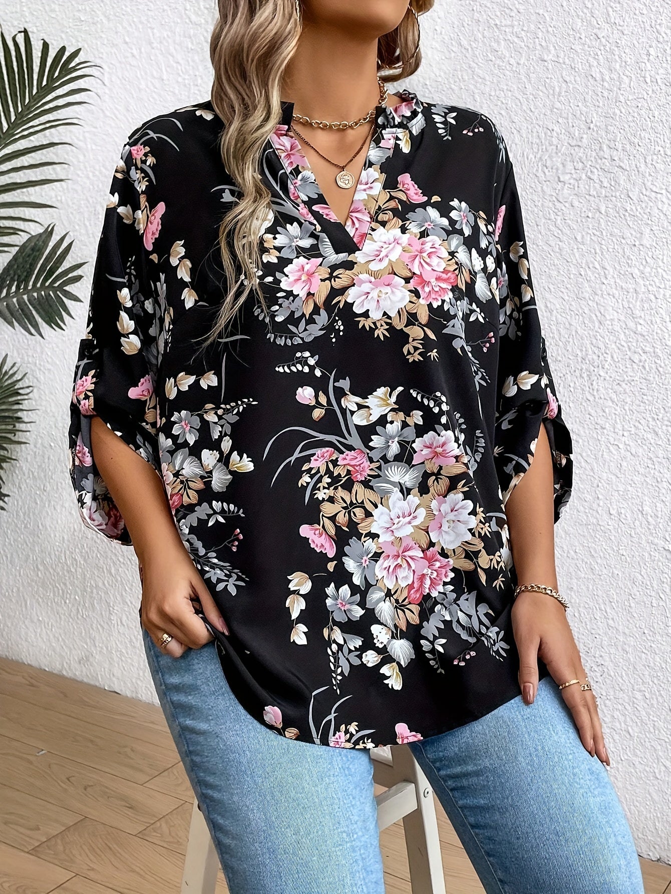 Plus Size Floral Print Blouse Long Sleeve V-Neck Spring Fall Polyester Elegant
