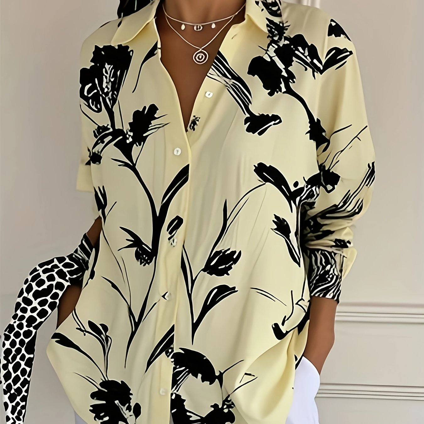 Plus Size Women's Floral Print Long Sleeve Shirt Light Blue Black Casual Blouse