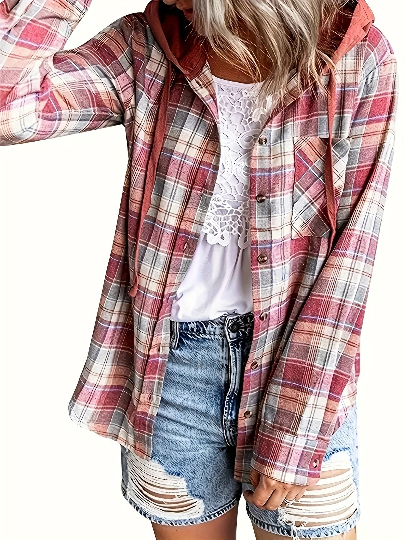 Women's Plaid Hooded Blouse Casual Fall Spring Drawstring Weekend Wear