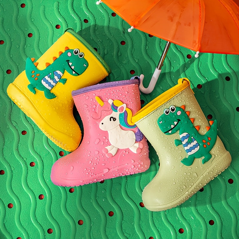 Kids Waterproof Slip-On Rain Boots with Dinosaur Unicorn Crocodile Designs EVA Non-Slip Short Boots