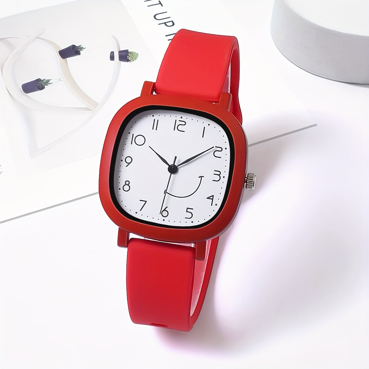 Women's Quartz Watch Square Face Silicone Strap Casual with Smile Face Design