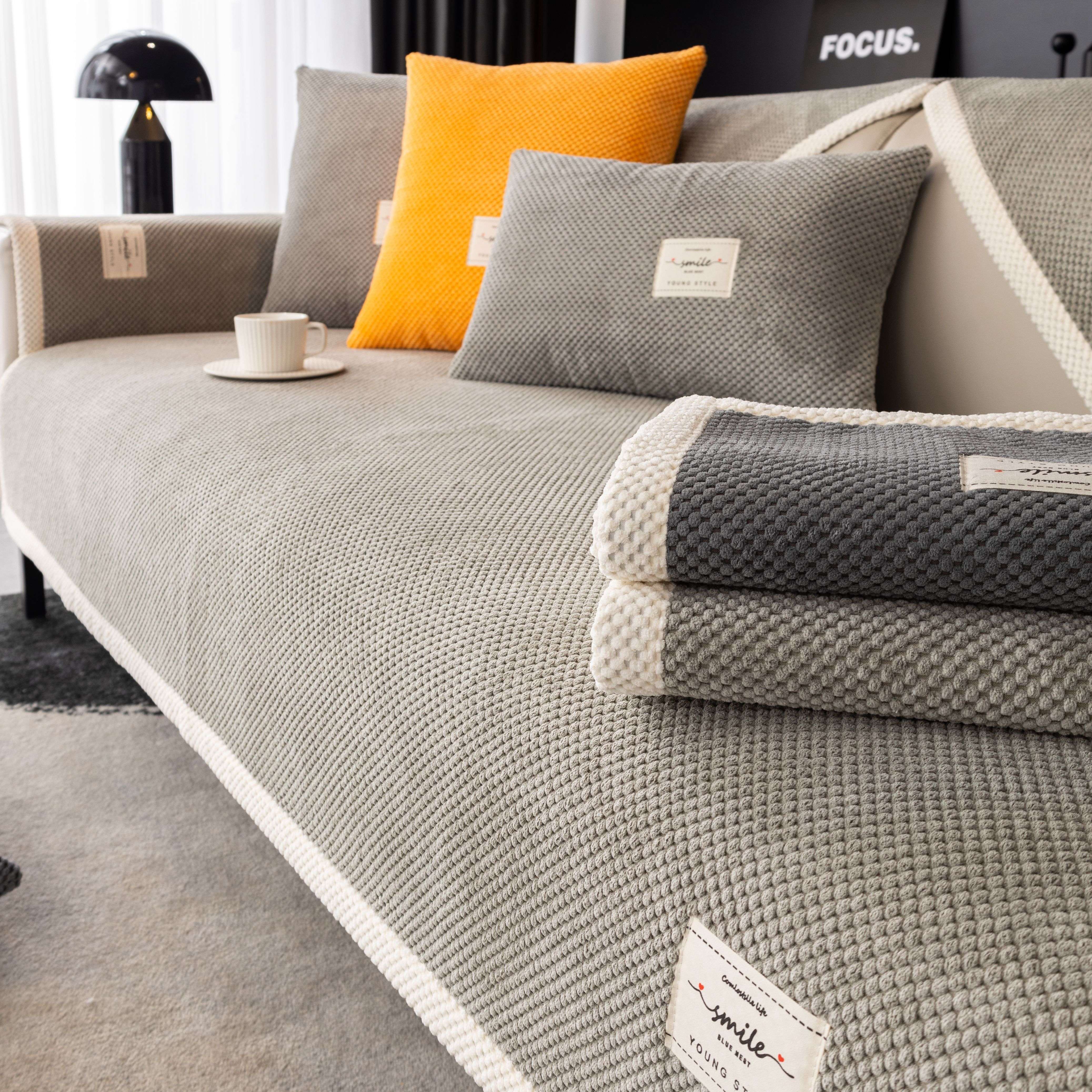 Hozirgi zamonaviy plush divan qopqog'i, barcha fasllar uchun korduroy chekkali