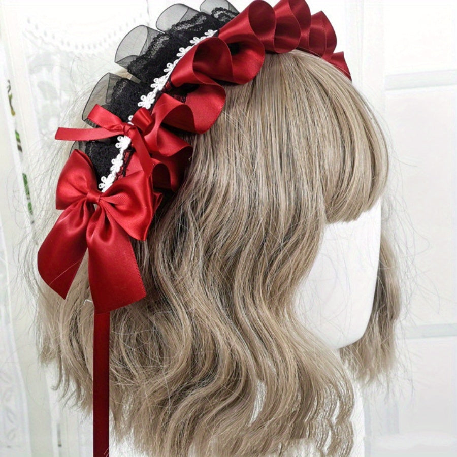 Ruffled Lace Ribbon Bow Headband with Hairpins for Girls in Contrasting Colors