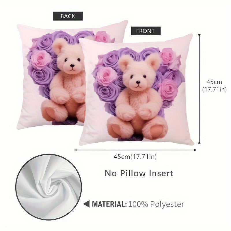 Floral Bear Cushion Cover Double-Sided Woven Polyester Zippered Decorative Pillowcase