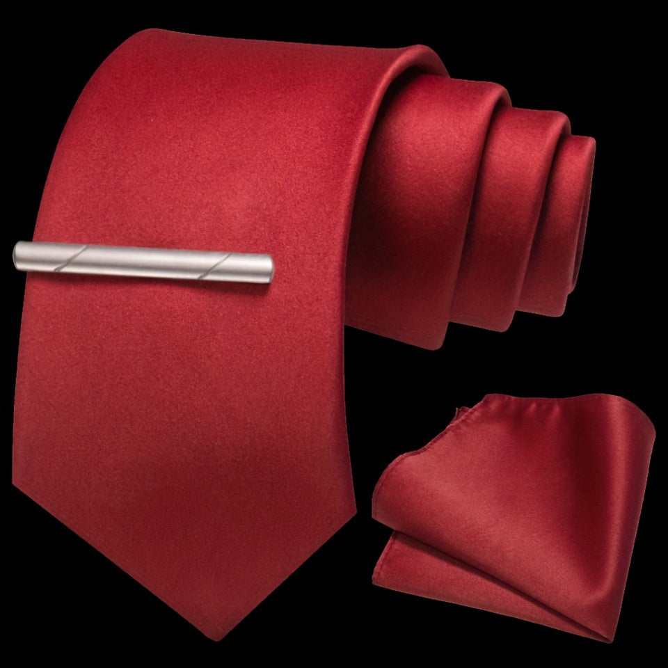 Erkaklar uchun bir rangli ipak aksessuarlar to'plami, galstuk, cho'ntak sharf, sochiq, galstuk klipi, rasmiy kiyimlar va sovg'alar uchun