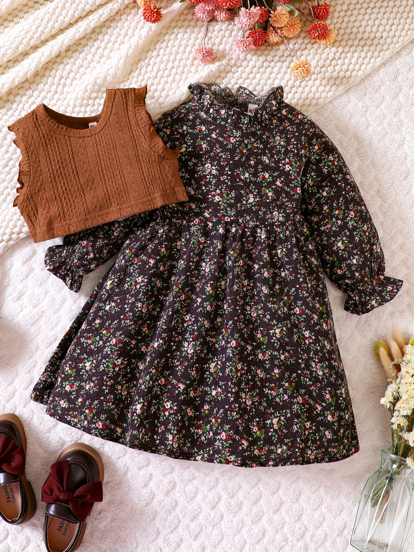 Girls Cotton Knit Vest and Floral Dress Set for Fall Winter