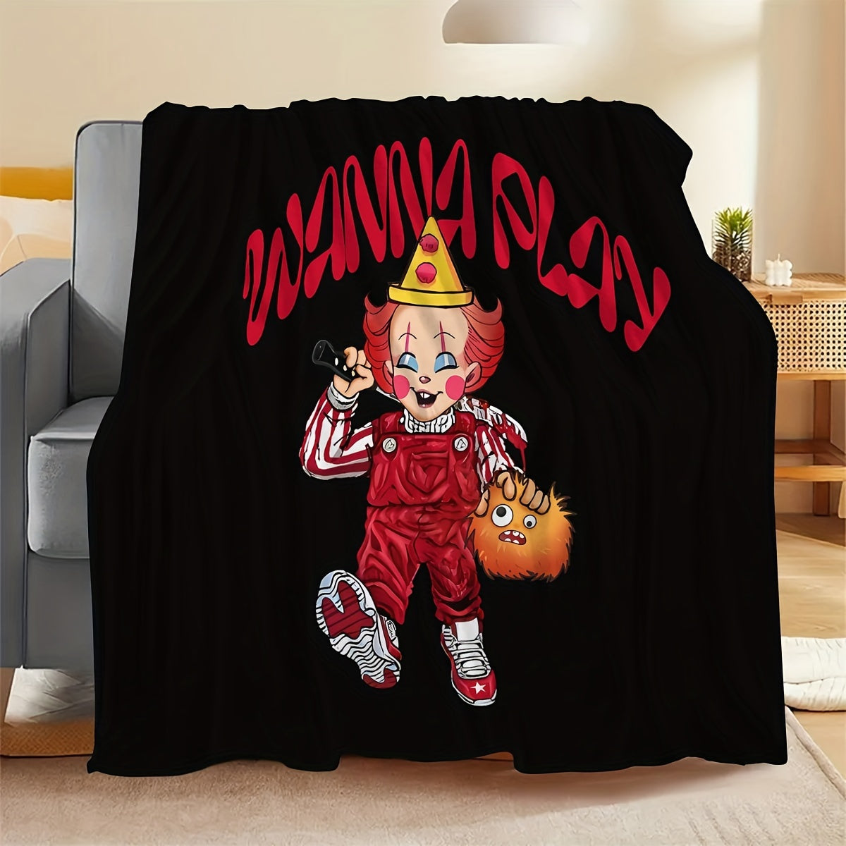 Modern Clown Design Flannel Throw Blanket Soft Cozy Geometric Pattern Machine Washable