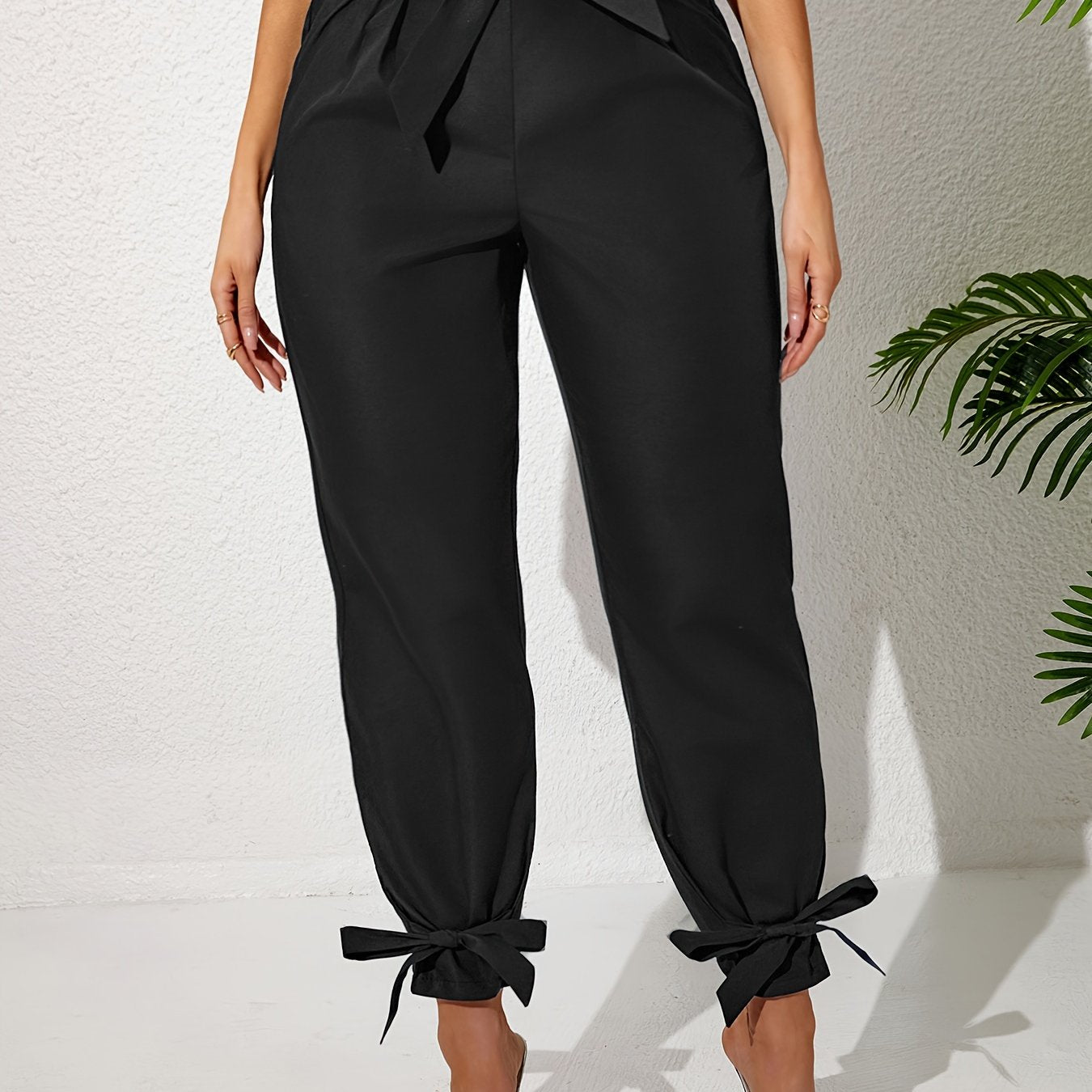 Plus Size Solid Straight Leg Pants with Elastic Drawstring Waist and Bow Detail for Spring and Summer