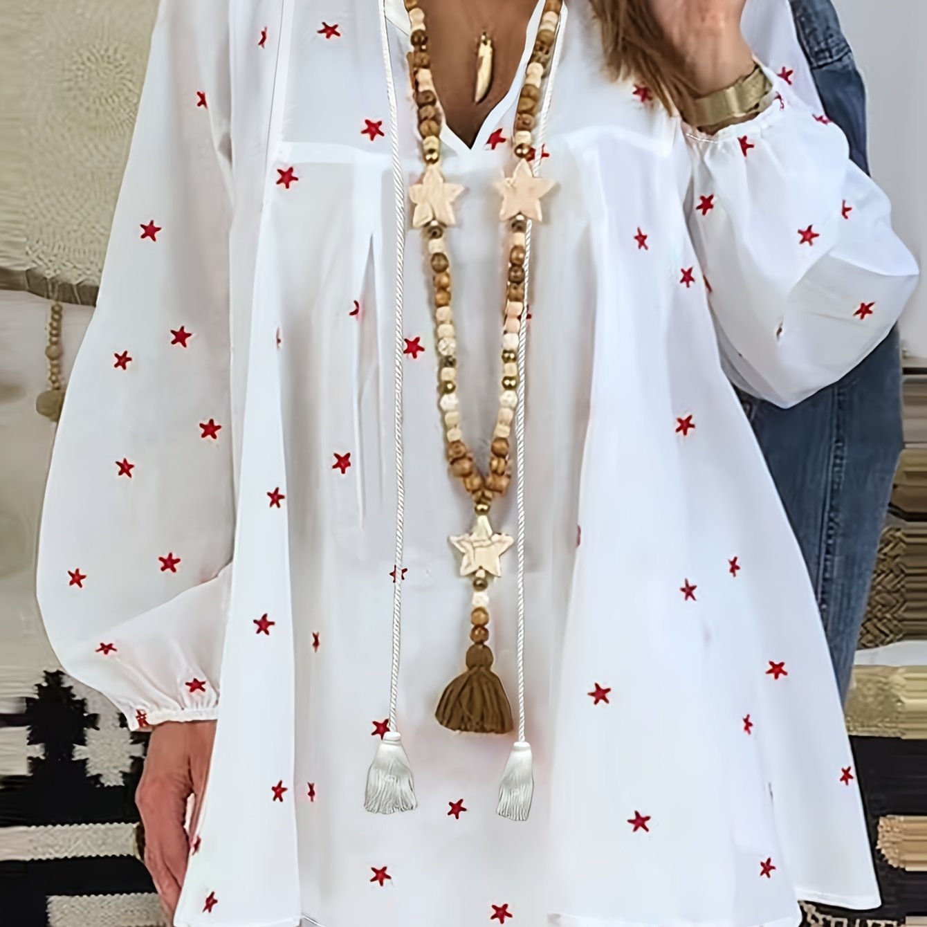 Women's Polyester V-Neck Shirt With Drawstring All-Season Oversized Blouse