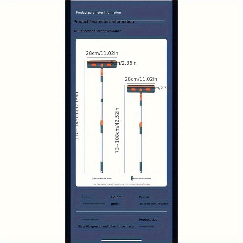 Ko'p maqsadli oynani tozalovchi yashil rangda, sozlanadigan tutqich bilan - zanglamaydigan po'lat va ABS dan tayyorlangan, shisha, plitkalar va uy yuzalarini tozalash uchun mukammal.