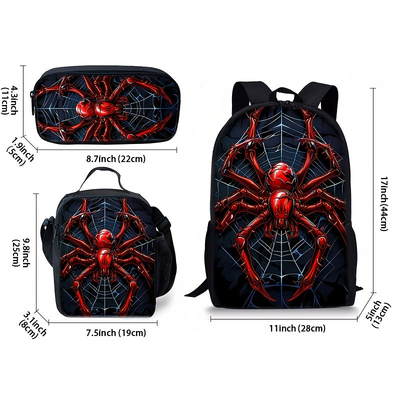 3-Piece Spider Web Print PVC Backpack Set for Teens and Adults Adjustable Straps
