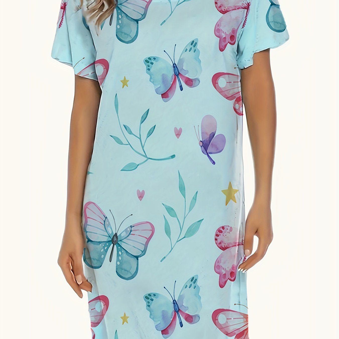 Women's Sleep Dress Soft Cotton Starry Night Sky Butterfly Print Lounge Wear