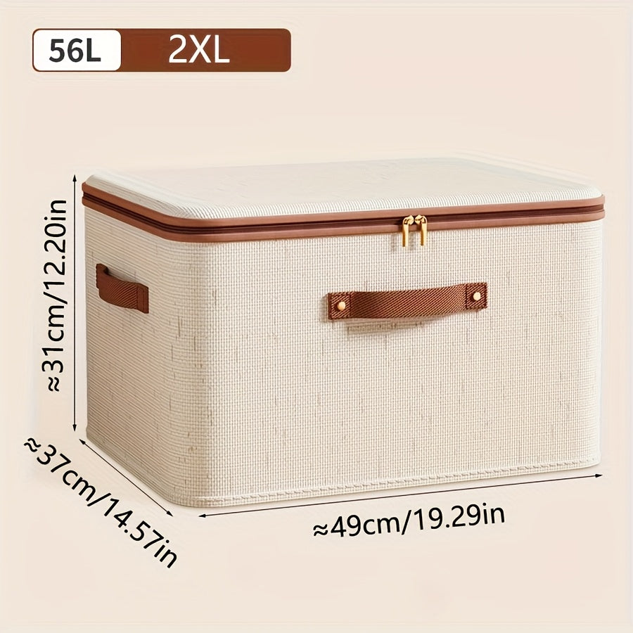 Foldable Linen Zipper Storage Box with Lid for Clothes and Home Organization