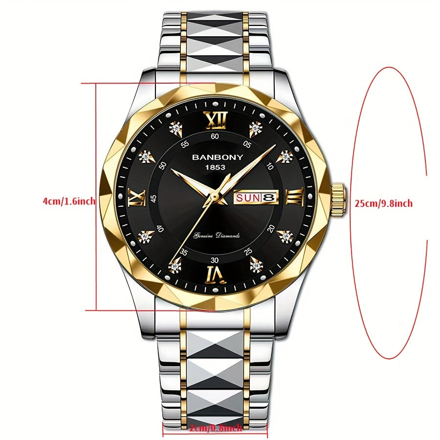 Men's Stainless Steel Watch with Roman Numerals Dial and Rhinestones