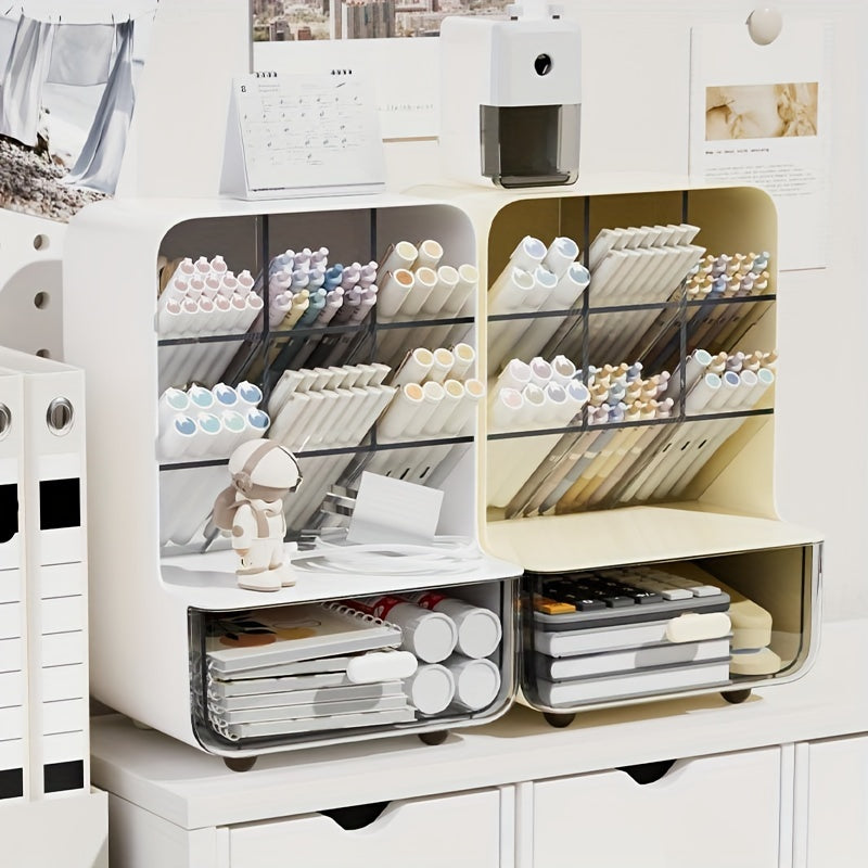 Plastic Desk Organizer with Drawer and Multi-Compartment Pen Holder for Office Supplies