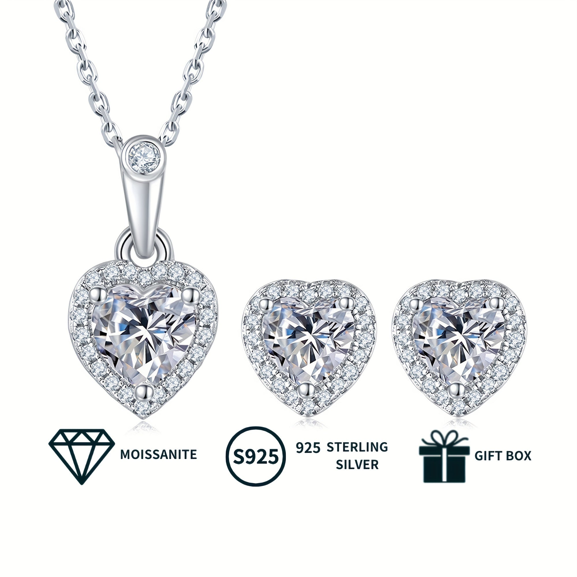 Women's Jewelry Set with Heart-Shaped Silver Earrings and Moissanite Necklace
