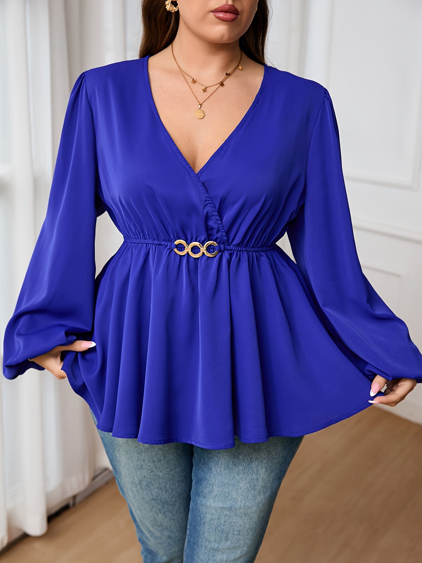 Women's Plus Size V-Neck Lantern Sleeve Blouse Stretchy Polyester Spandex