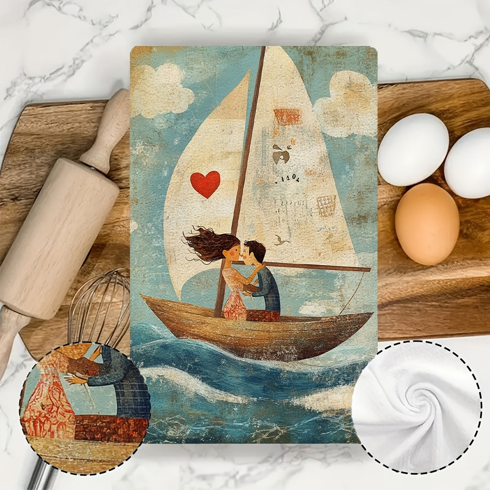 Two Pieces Ultra Soft Kitchen Towels Sailing Heart Illustration Absorbent Quick Dry