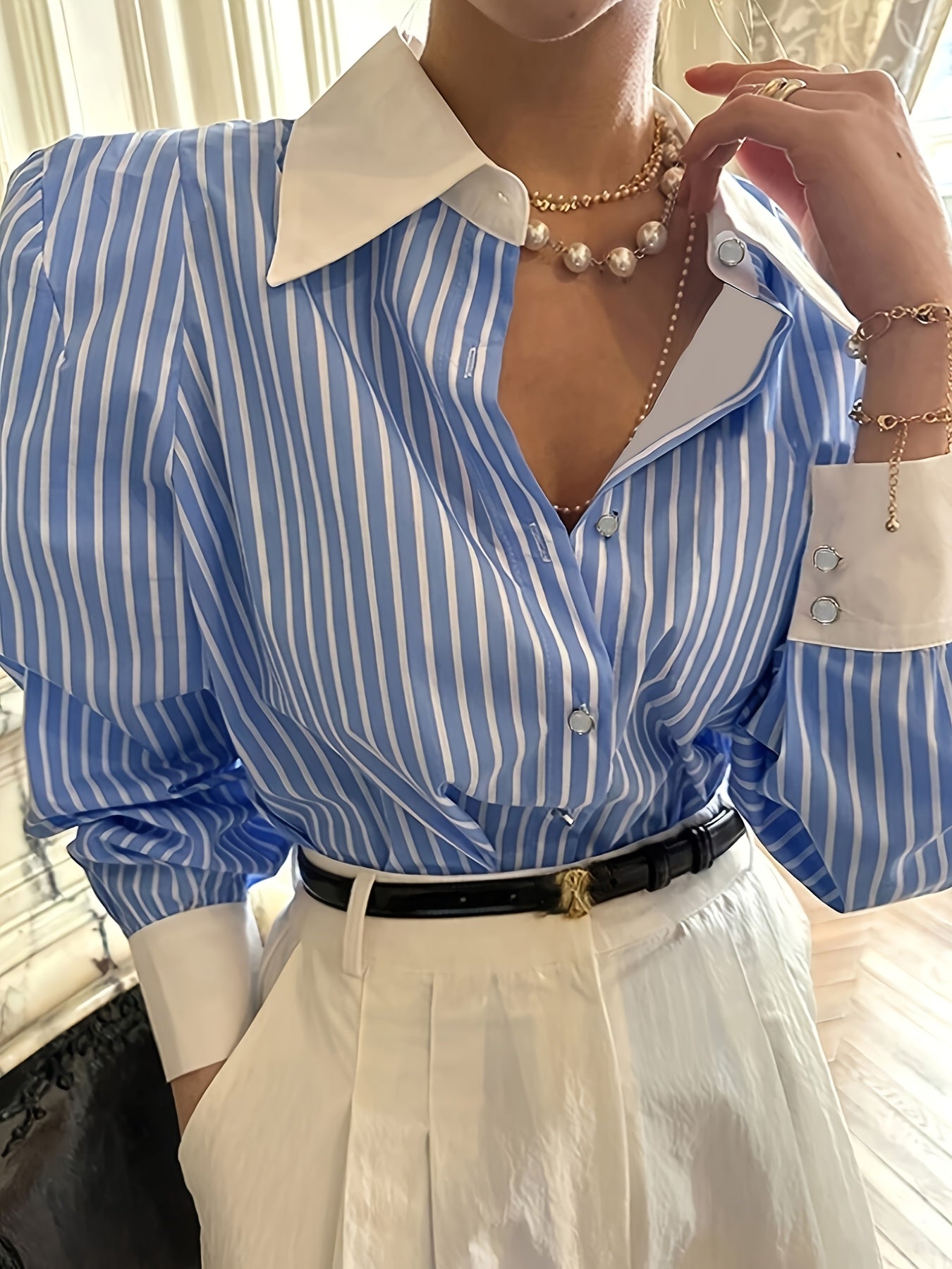 Women's Casual Striped Long Sleeve Shirt Polyester Spandex Button Detail