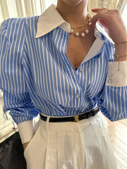 Women's Casual Striped Long Sleeve Shirt Polyester Spandex Button Detail