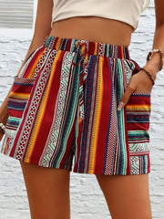 Women’s Bohemian High-Waisted Shorts Polyester Striped Pockets Summer Plus Size