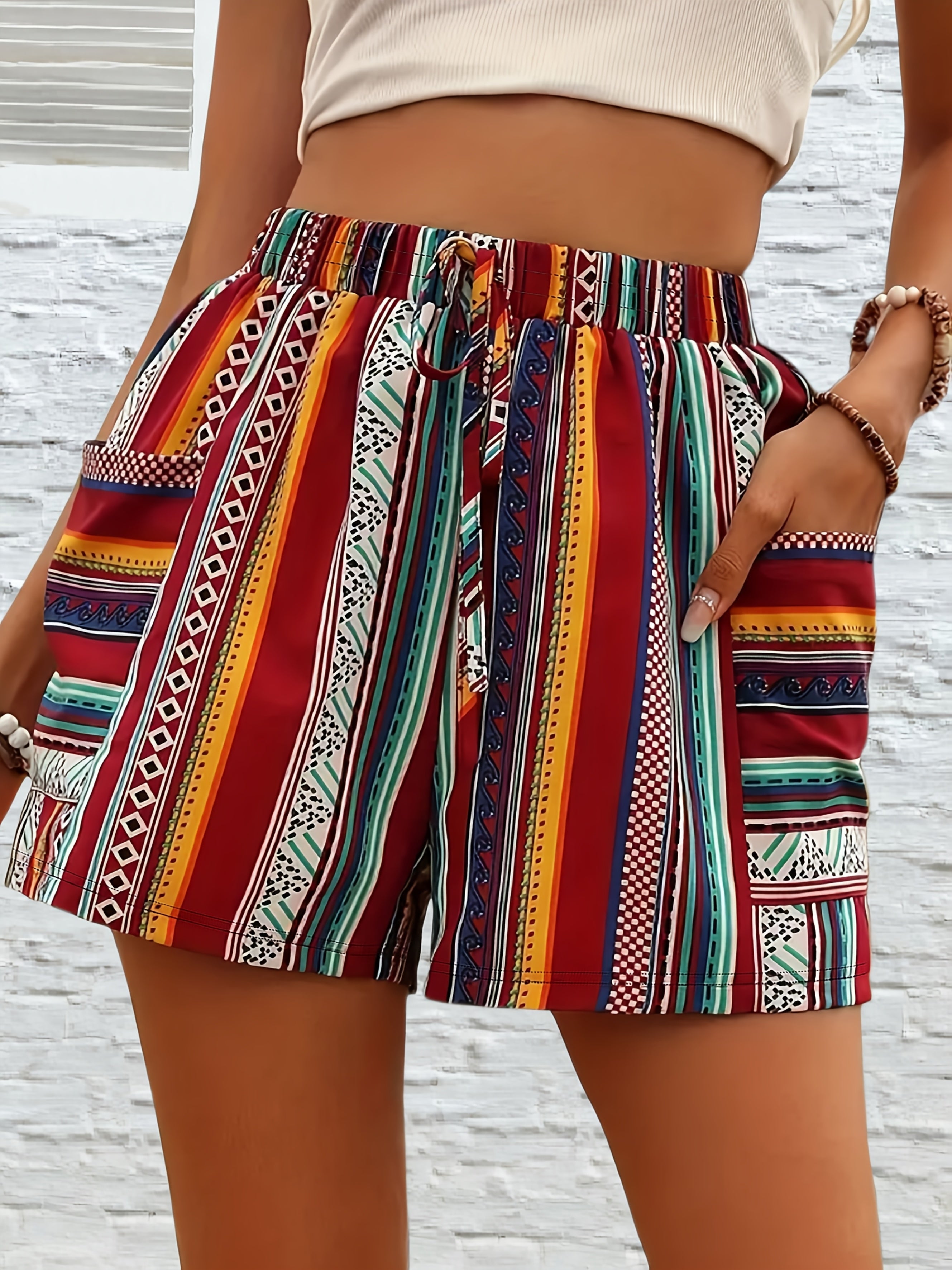 Women’s Bohemian High-Waisted Shorts Polyester Striped Pockets Summer Plus Size